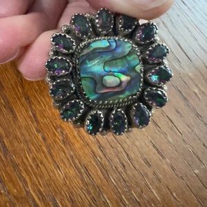Sterling silver abalone shell and mystic quartz cluster ring